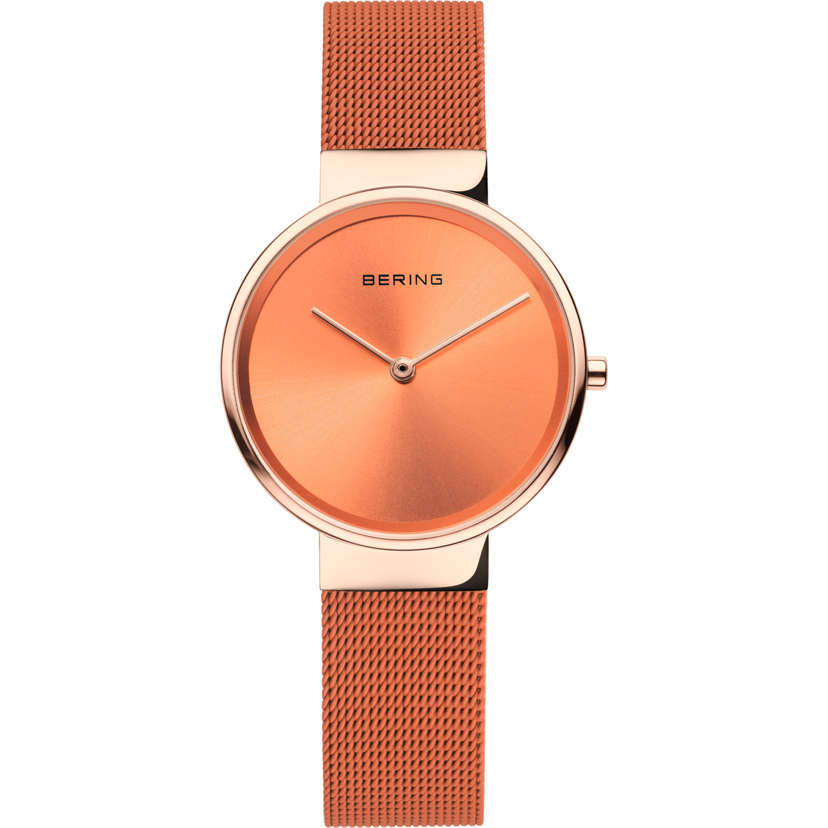 BERING watch with coral dial and metal mesh band, front view