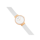 Orologio oro rosa con quadrante bianco e lunetta ornata di diamanti su cinturino grigio