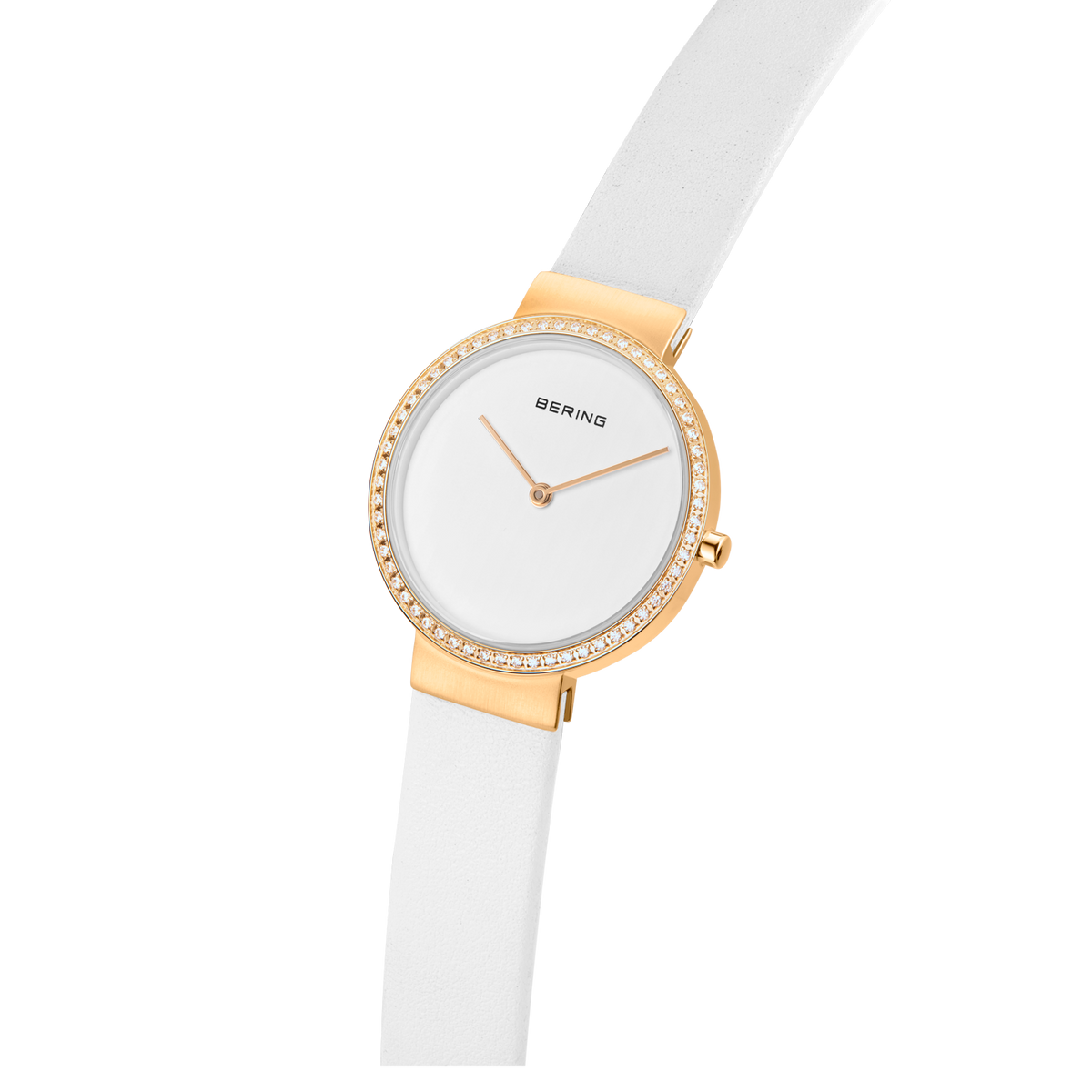 Orologio BERING con cassa rotonda dorata, lunetta con cristalli, quadrante bianco e cinturino bianco, vista laterale.