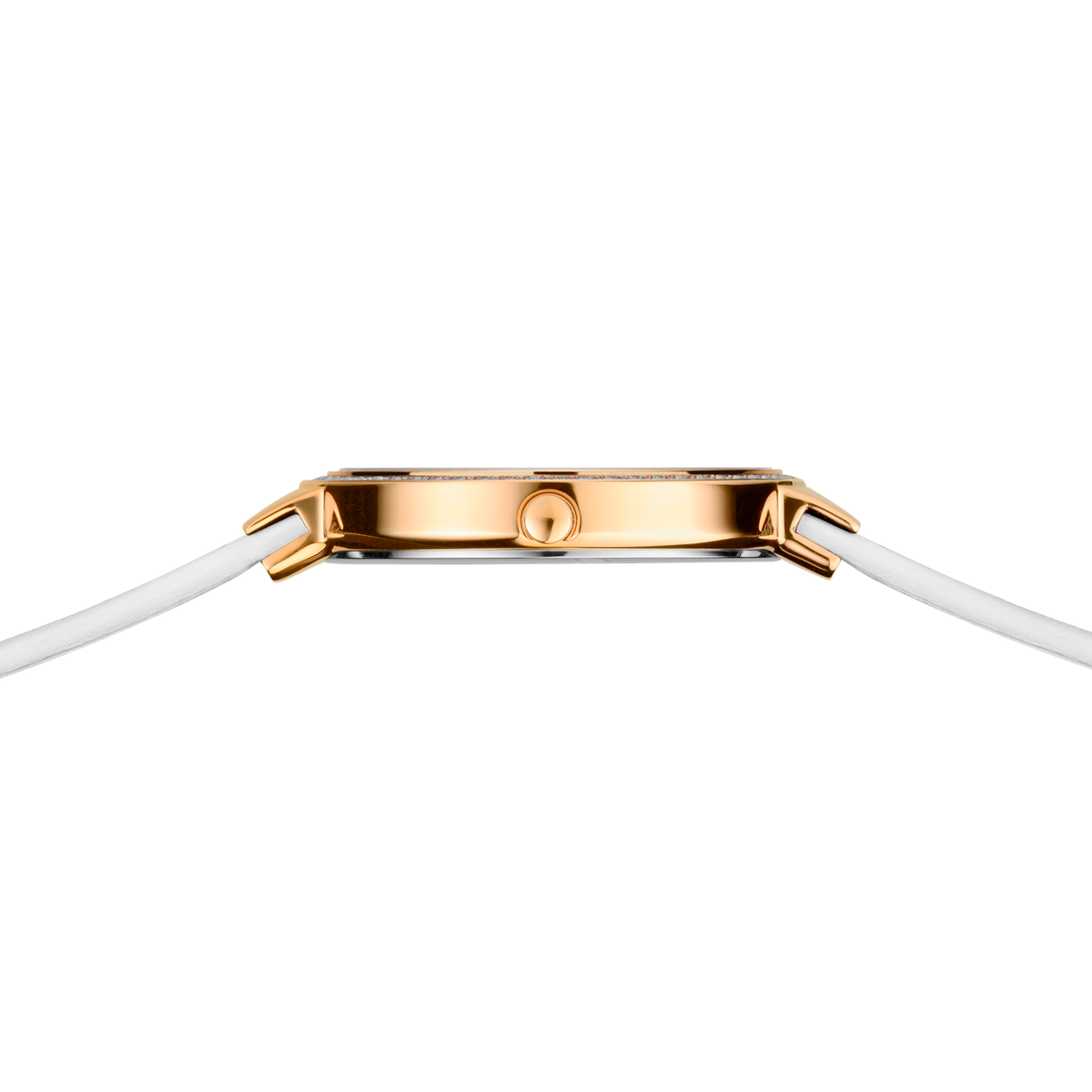 Profilo laterale di orologio con cassa dorata e cinturino bianco, cassa e attacchi visibili.