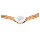 Orologio visto da dietro con cinturino in pelle marrone marcato BERING e Genuine Leather, cassa oro rosa e quadrante argentato.