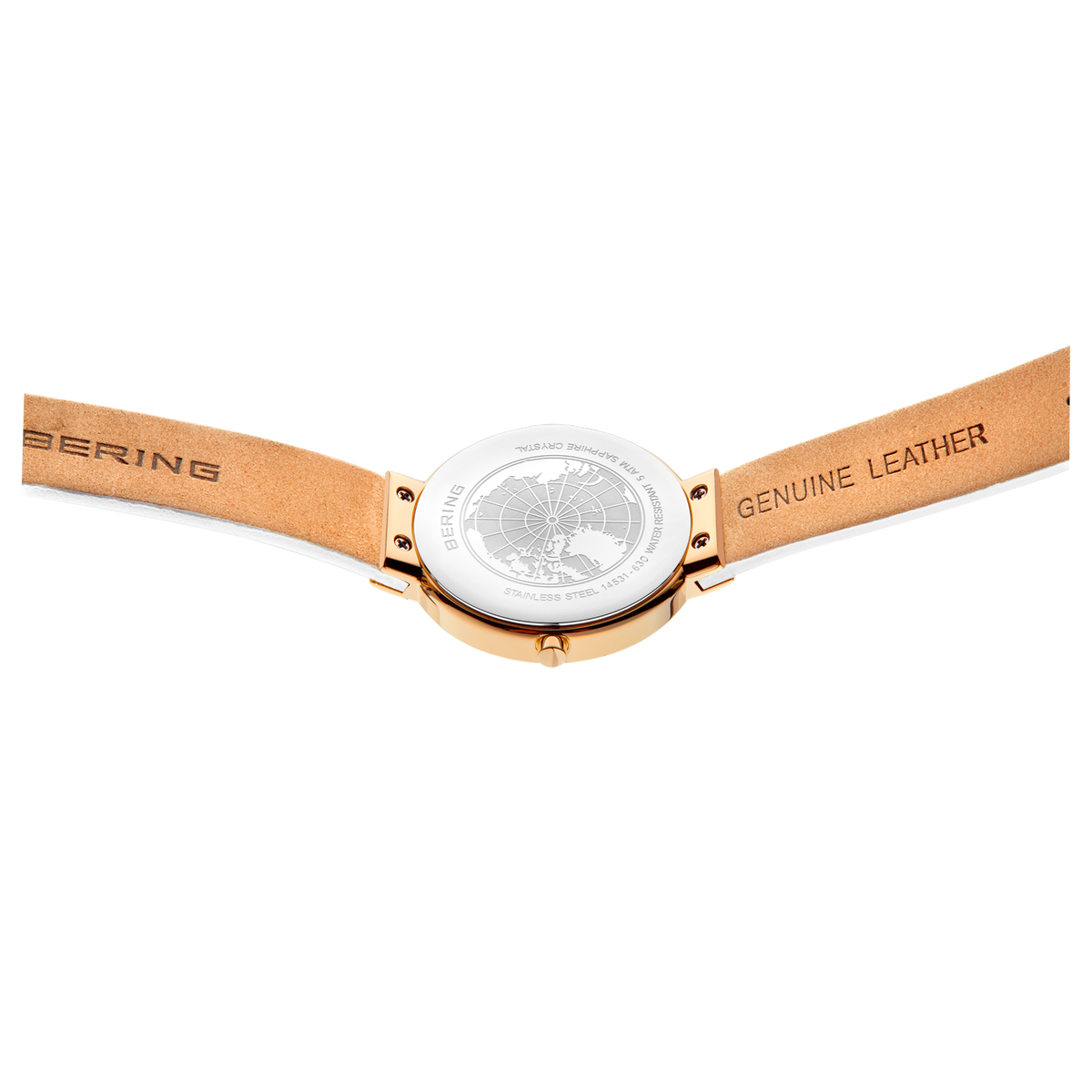 Orologio visto da dietro con cinturino in pelle marrone marcato BERING e Genuine Leather, cassa oro rosa e quadrante argentato.