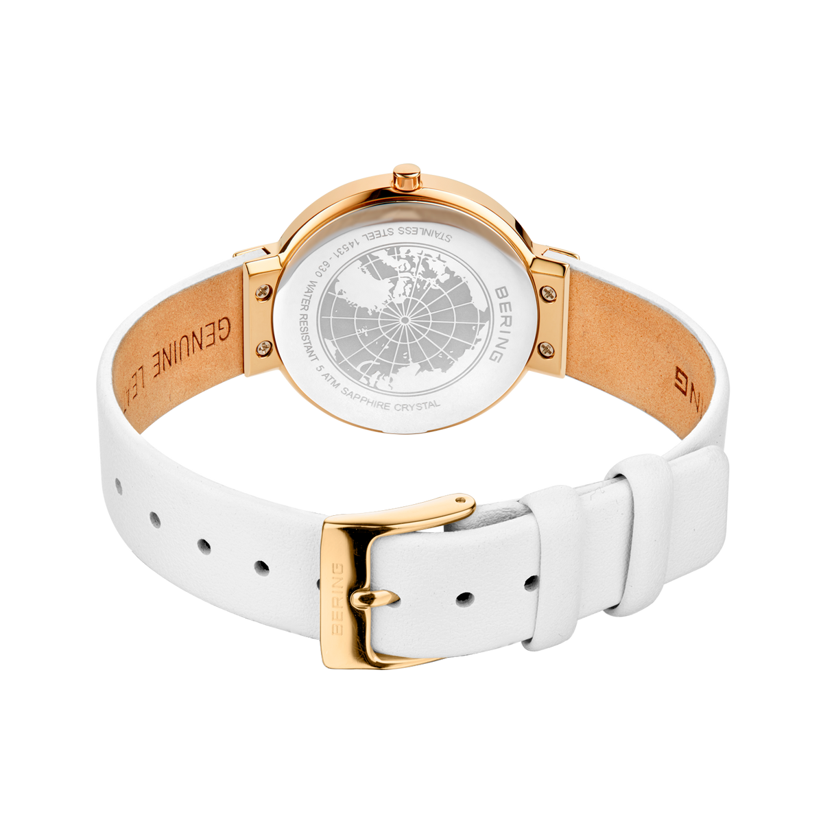 Cassa posteriore orologio con metallo color oro e dettaglio circolare, cinturino in pelle bianca con fibbia dorata