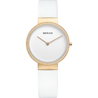 Orologio BERING con cassa rotonda oro rosa, lunetta con cristalli, quadrante bianco e cinturino bianco