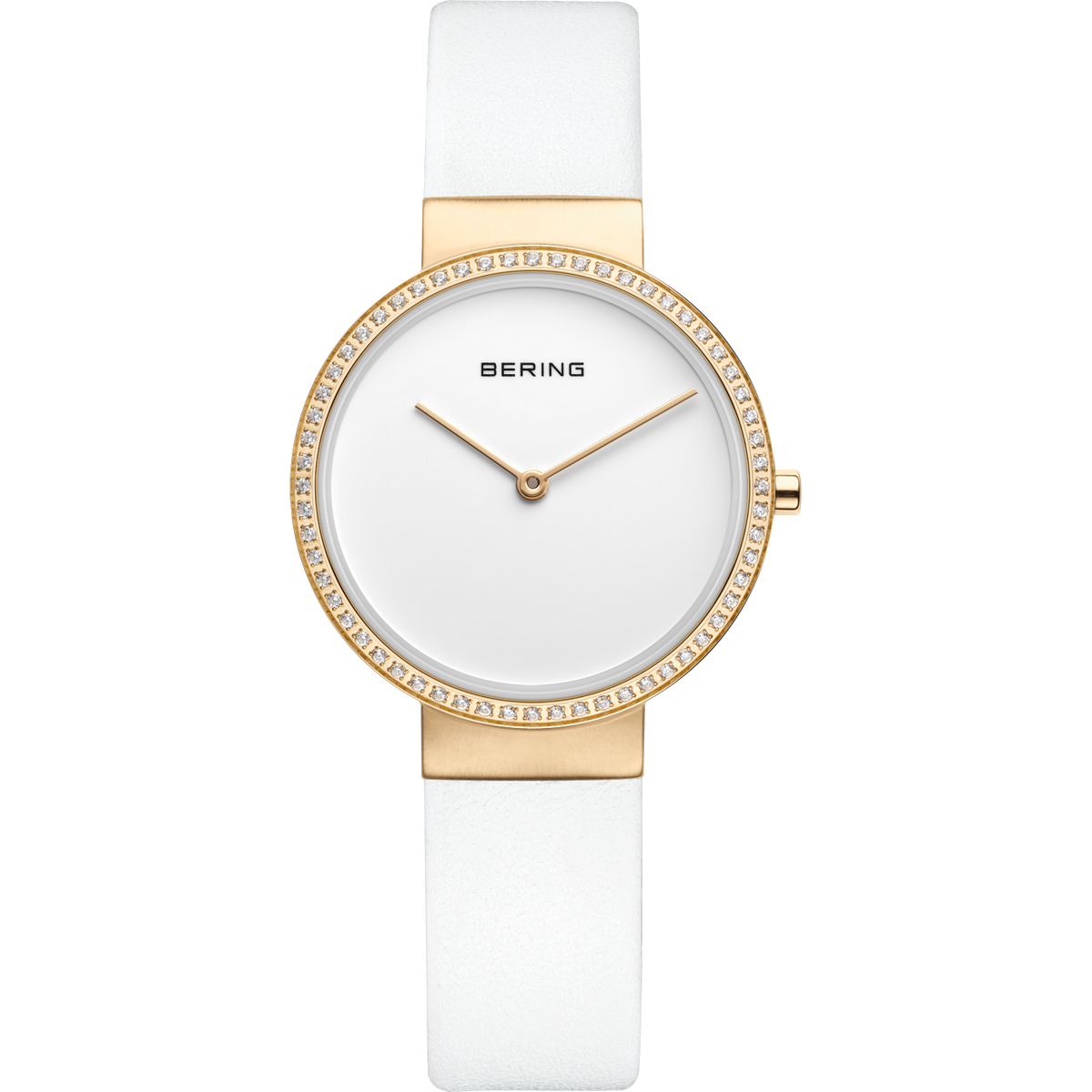 Orologio BERING con cassa rotonda oro rosa, lunetta con cristalli, quadrante bianco e cinturino bianco