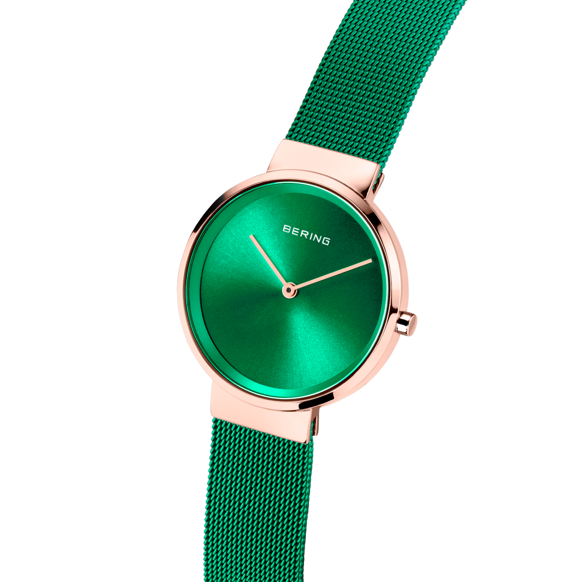 Reloj de pulsera BERING con esfera verde, caja de oro rosa y correa de malla verde, vista frontal
