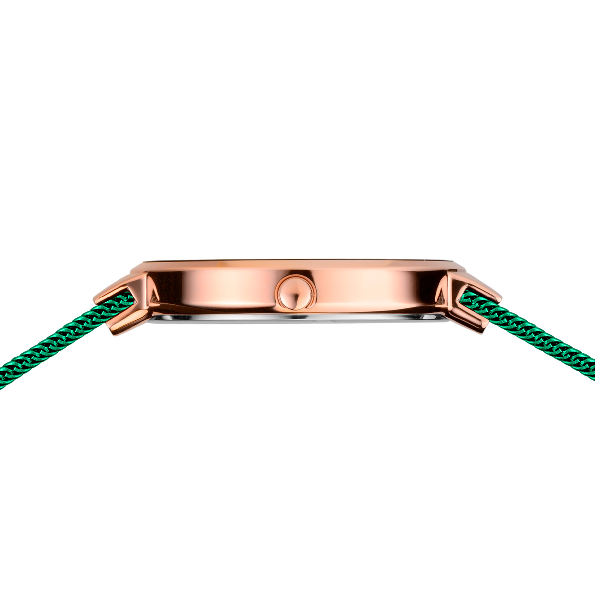 Caja de reloj oro rosa con correa textil verde trenzada, vista lateral del perfil y conexión.