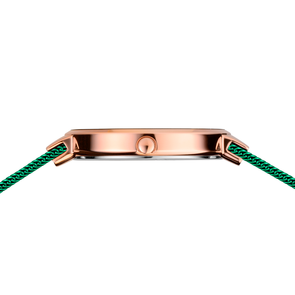 Caja de reloj oro rosa con correa textil verde trenzada, vista lateral del perfil y conexión.