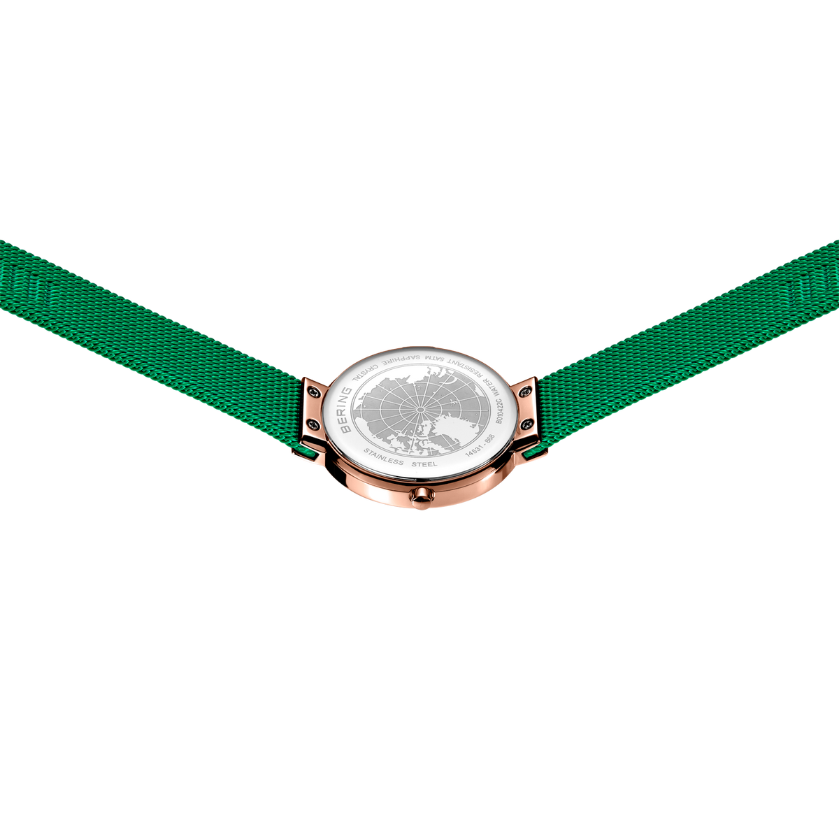 Reloj redondo con caja de oro rosa, esfera clara y correa de tela verde