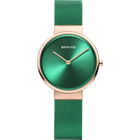 Reloj de pulsera BERING con esfera verde oscuro, caja dorada rosa y correa de malla verde.