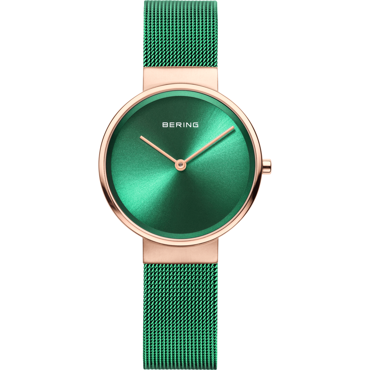 Reloj de pulsera BERING con esfera verde oscuro, caja dorada rosa y correa de malla verde.