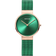 Reloj de pulsera BERING con esfera verde oscuro, caja dorada rosa y correa de malla verde.