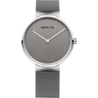 Reloj de pulsera BERING con esfera gris, manecillas blancas, caja plateada y correa de malla metálica