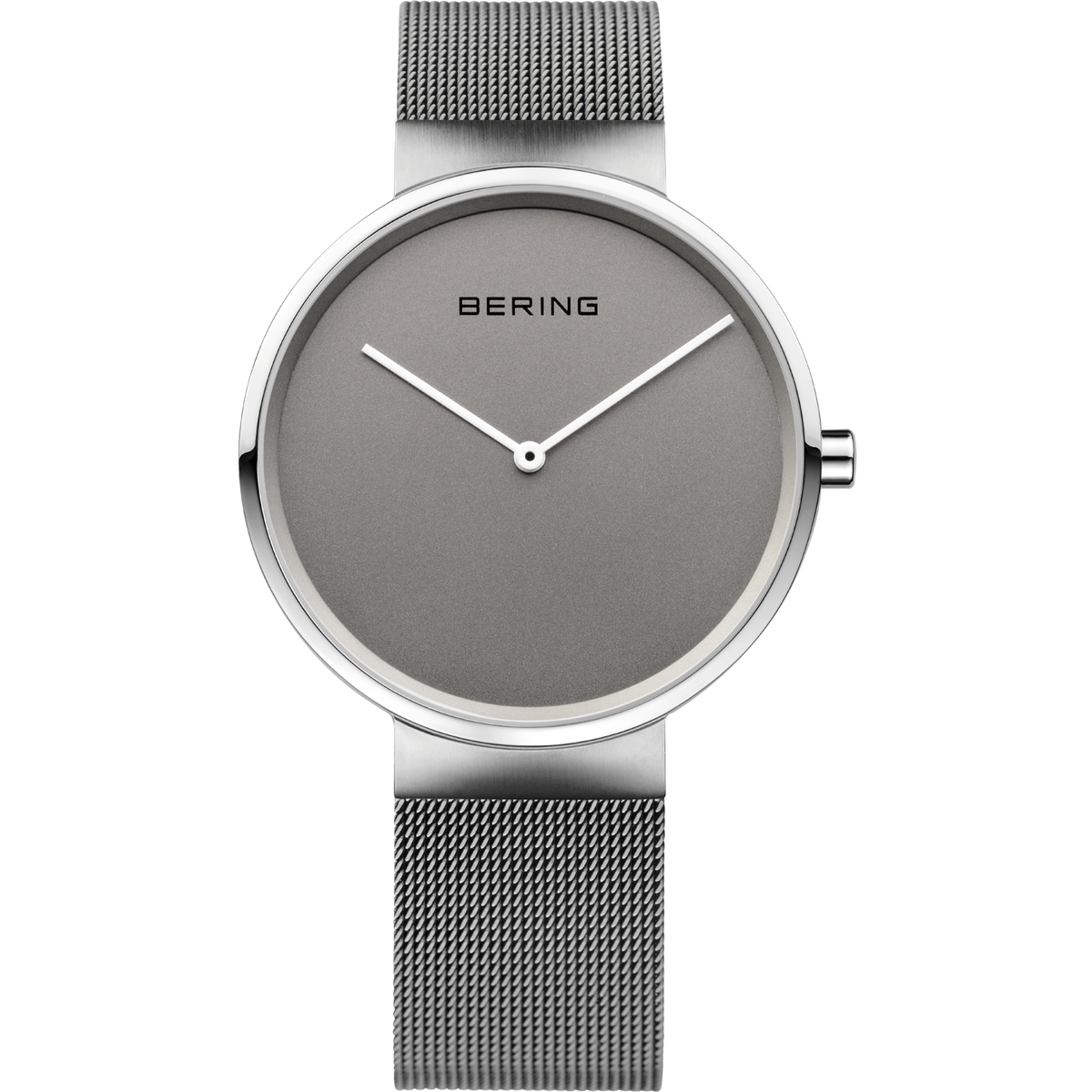 Reloj de pulsera BERING con esfera gris, manecillas blancas, caja plateada y correa de malla metálica