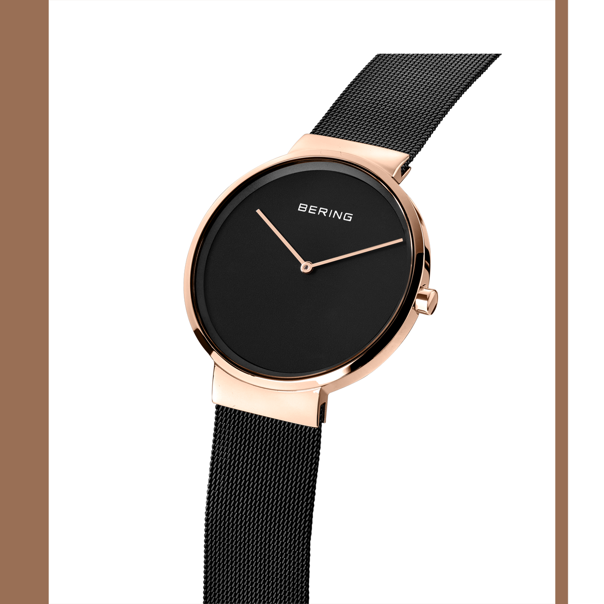 Orologio BERING con cassa in oro rosa, quadrante nero e cinturino maglia nera