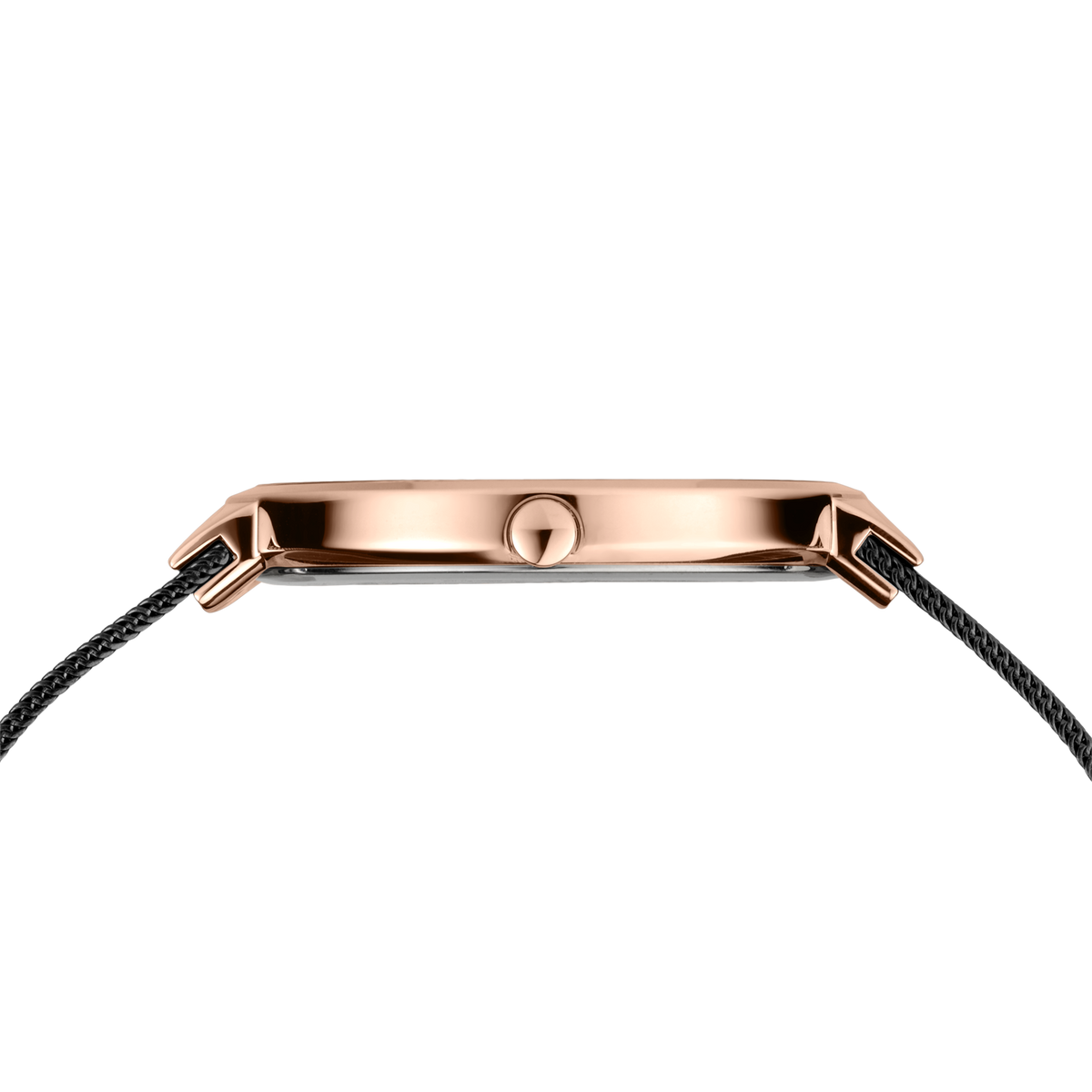 Cassa dell'orologio in oro rosa vista dall'alto con cinturini neri su entrambi i lati.