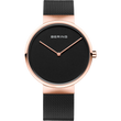 Orologio BERING cassa rotonda color oro rosa, quadrante nero con indici minimalisti, cinturino mesh nero.