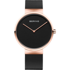 Orologio BERING cassa rotonda color oro rosa, quadrante nero con indici minimalisti, cinturino mesh nero.