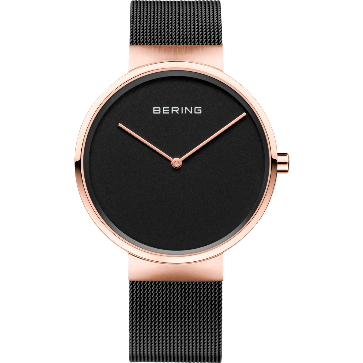 Orologio BERING cassa rotonda color oro rosa, quadrante nero con indici minimalisti, cinturino mesh nero.