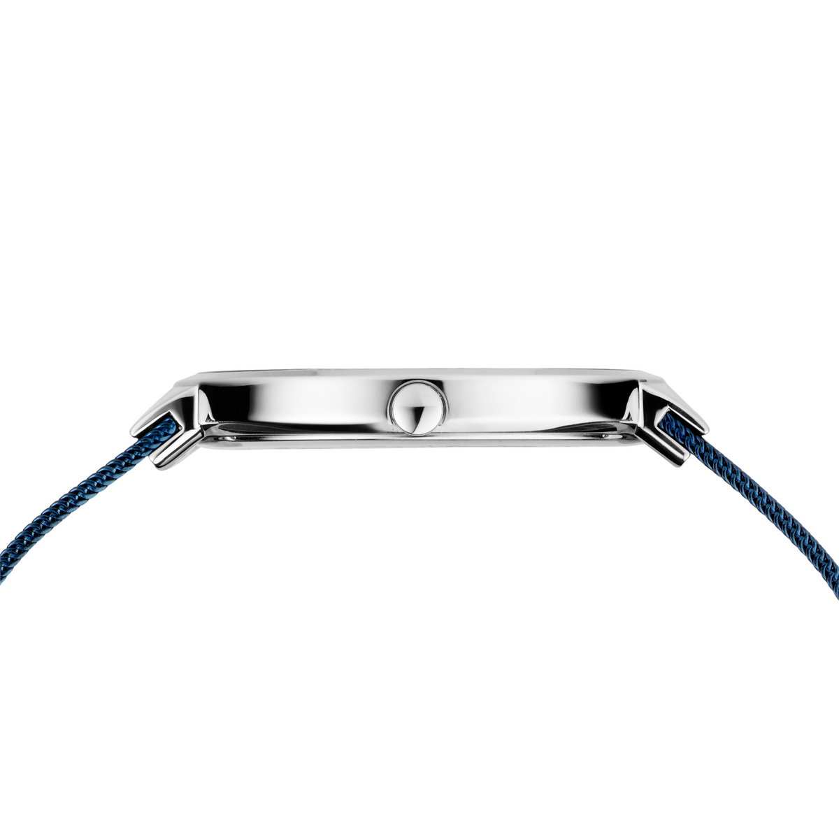 Profilo laterale dell'orologio con cassa argentata lucida e cinturino blu scuro in tessuto.