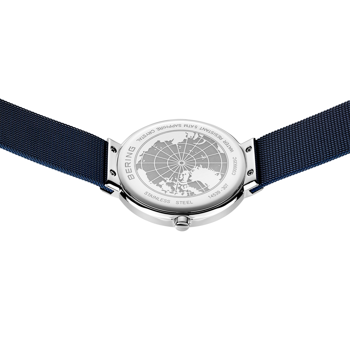 Orologio argentato con cinturino blu scuro e quadrante a globo, vista frontale