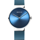Reloj de pulsera BERING con caja redonda acero pulido, esfera azul radiante, agujas blancas y pulsera malla azul