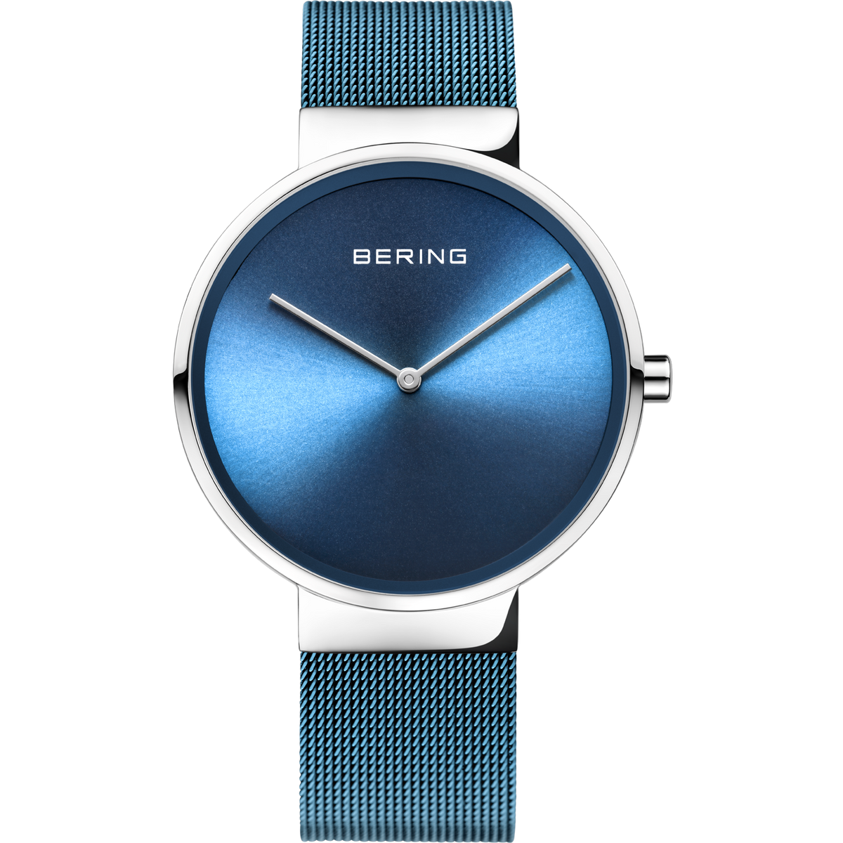 Reloj de pulsera BERING con caja redonda acero pulido, esfera azul radiante, agujas blancas y pulsera malla azul
