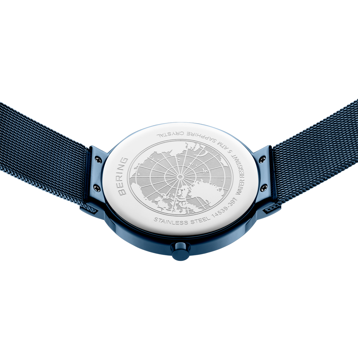 Caseback del reloj con globo grabado, correa textil azul marino, caja metálica plateada