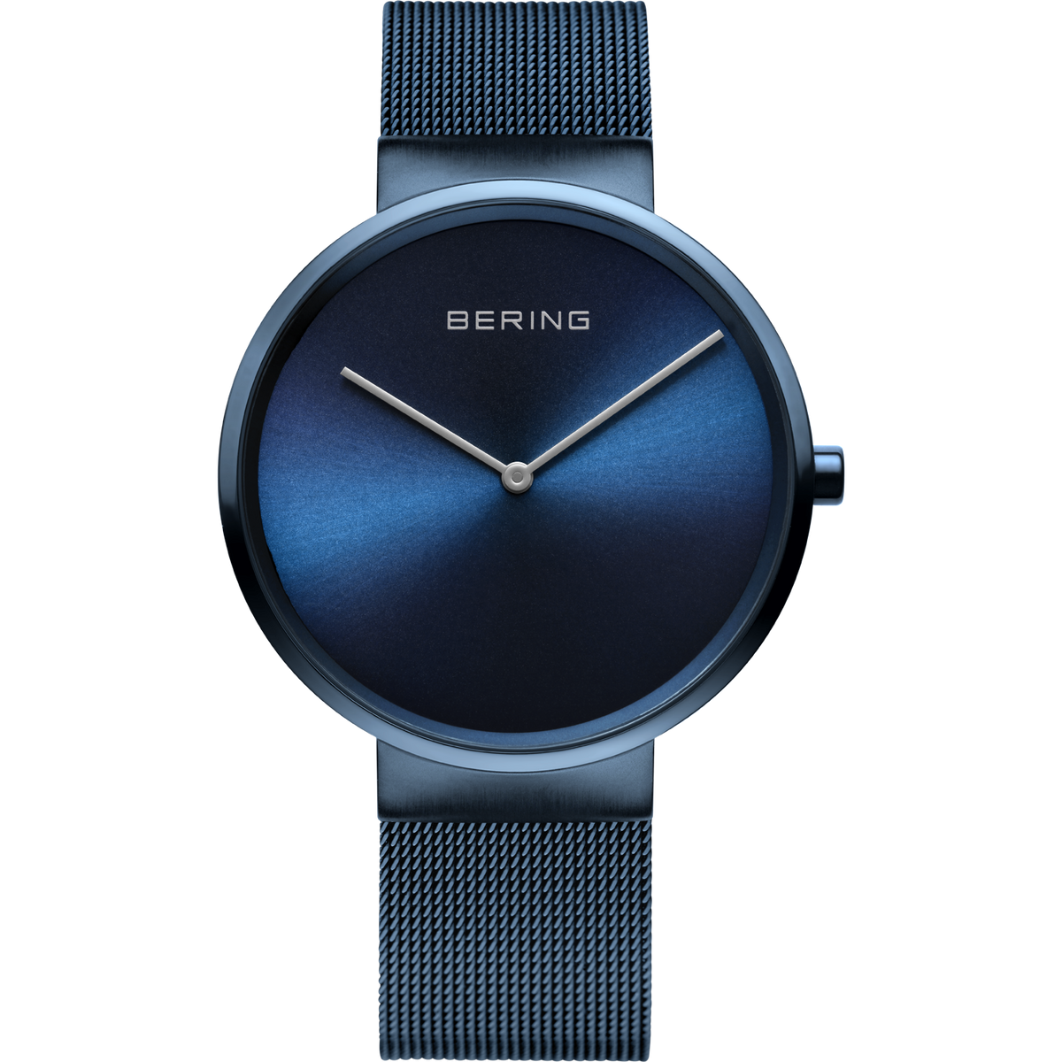 Reloj de pulsera azul oscuro con esfera redonda, pulsera malla y agujas blancas minimalistas