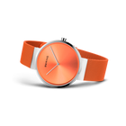 Reloj BERING con esfera naranja, caja plateada y correa de tela naranja