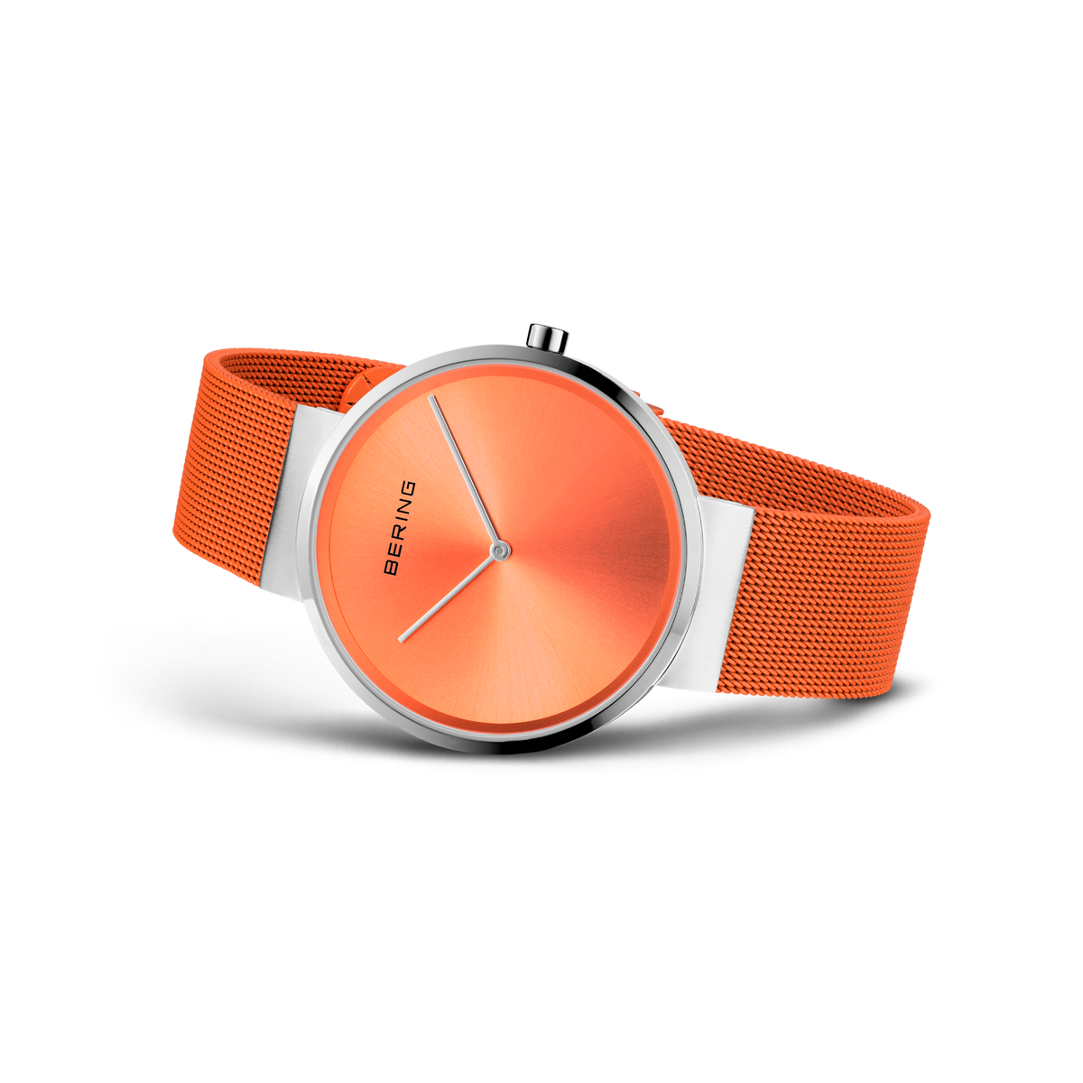 Reloj BERING con esfera naranja, caja plateada y correa de tela naranja