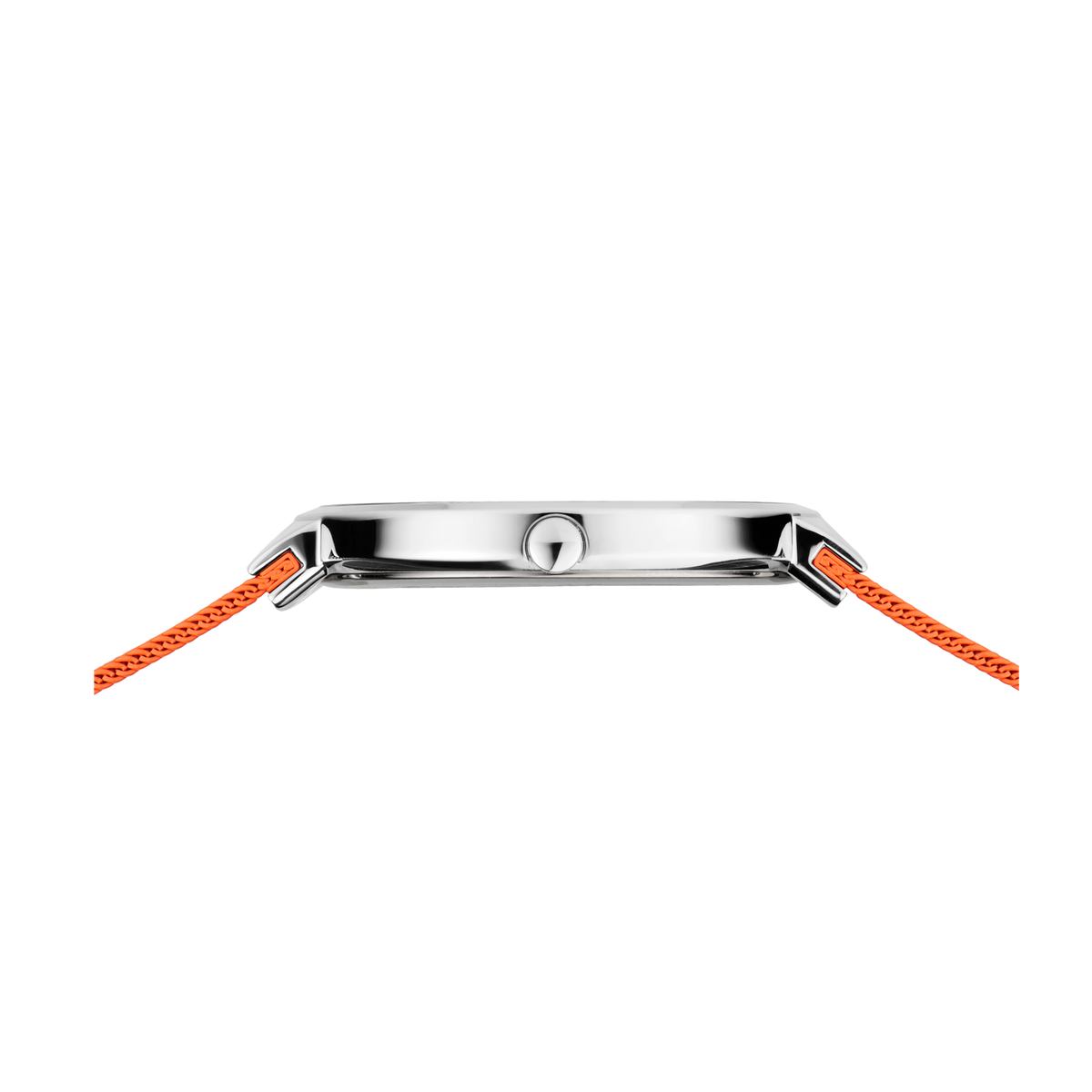 Vista superior de reloj con caja plateada y correas naranja texturadas