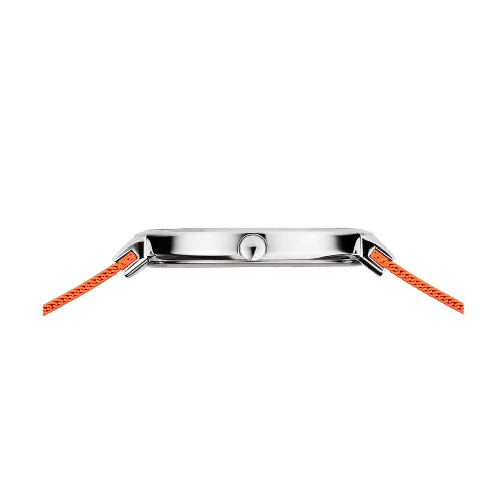 Vista superior de reloj con caja plateada y correas naranja texturadas