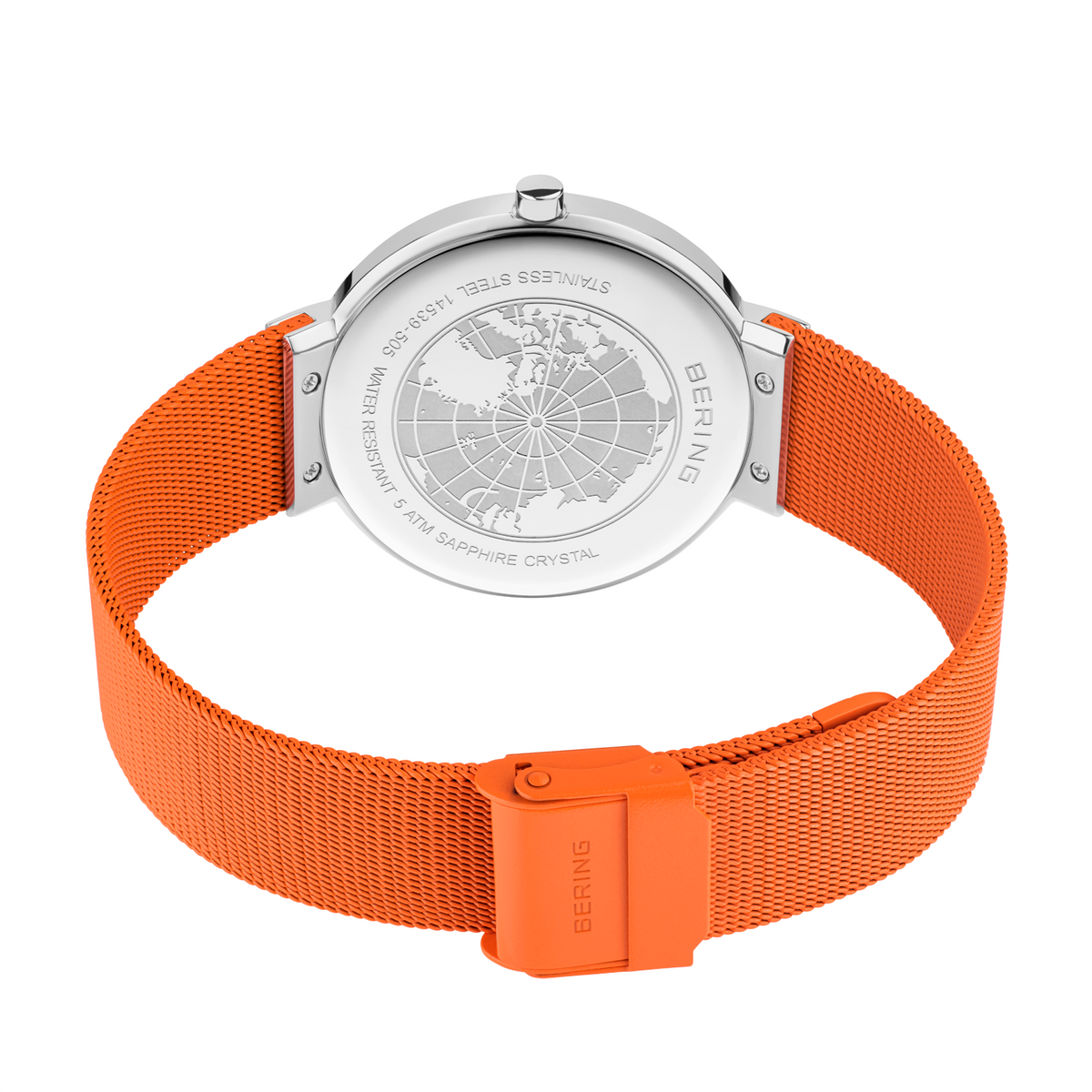 Reloj de pulsera BERING con esfera blanca y correa de tela naranja brillante con hebilla, visto desde arriba