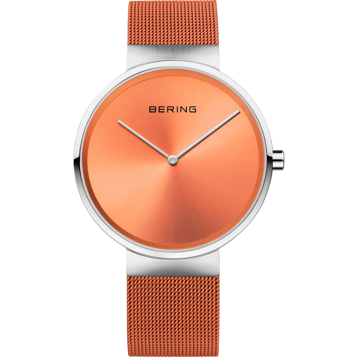 Reloj BERING con esfera naranja-coral, caja plateada y correa de tela naranja