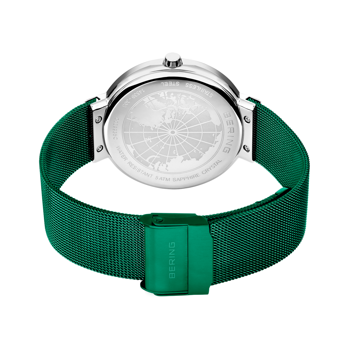 Fondello dell'orologio con design globo inciso, cassa in acciaio, cinturino mesh verde e fibbia coordinata