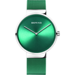 BERING Armbanduhr mit grünem Zifferblatt, silbernem Gehäuse und Zeigern, grünes Netzband