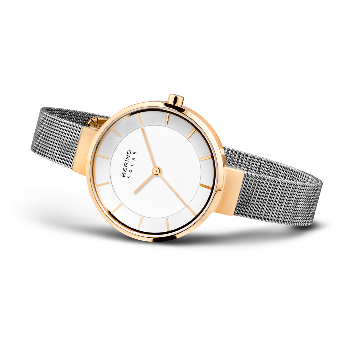 Wristwatch with rose gold bezel and black mesh band, white dial with minimalist markers, shown at three-quarter angle.