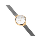 Watch displayed at an angle, round gold-toned case with white dial and full grey mesh bracelet