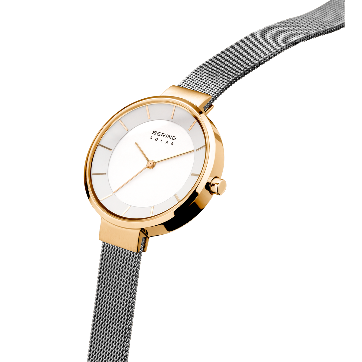 Round rose gold watch with white dial and gray mesh strap, angled to display case and band.