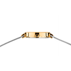 Gold-toned rectangular watch case with black dial and numerals, paired with silver mesh bracelet.