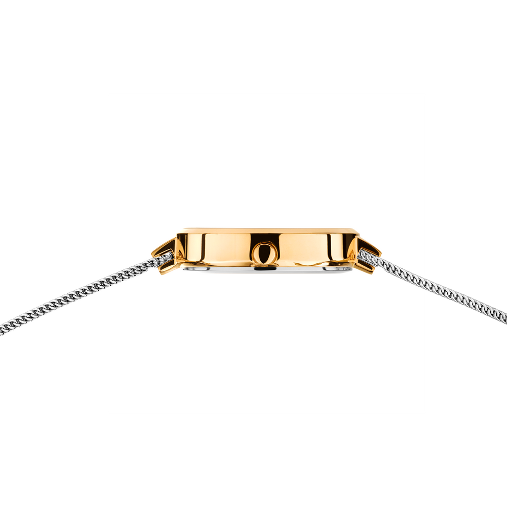 Gold-toned rectangular watch case with black dial and numerals, paired with silver mesh bracelet.
