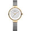 Armbanduhr mit rundem goldfarbenem Gehäuse, weißem Zifferblatt und Mesh-Band