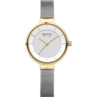 Round wristwatch with gold-tone case, white dial, and mesh band