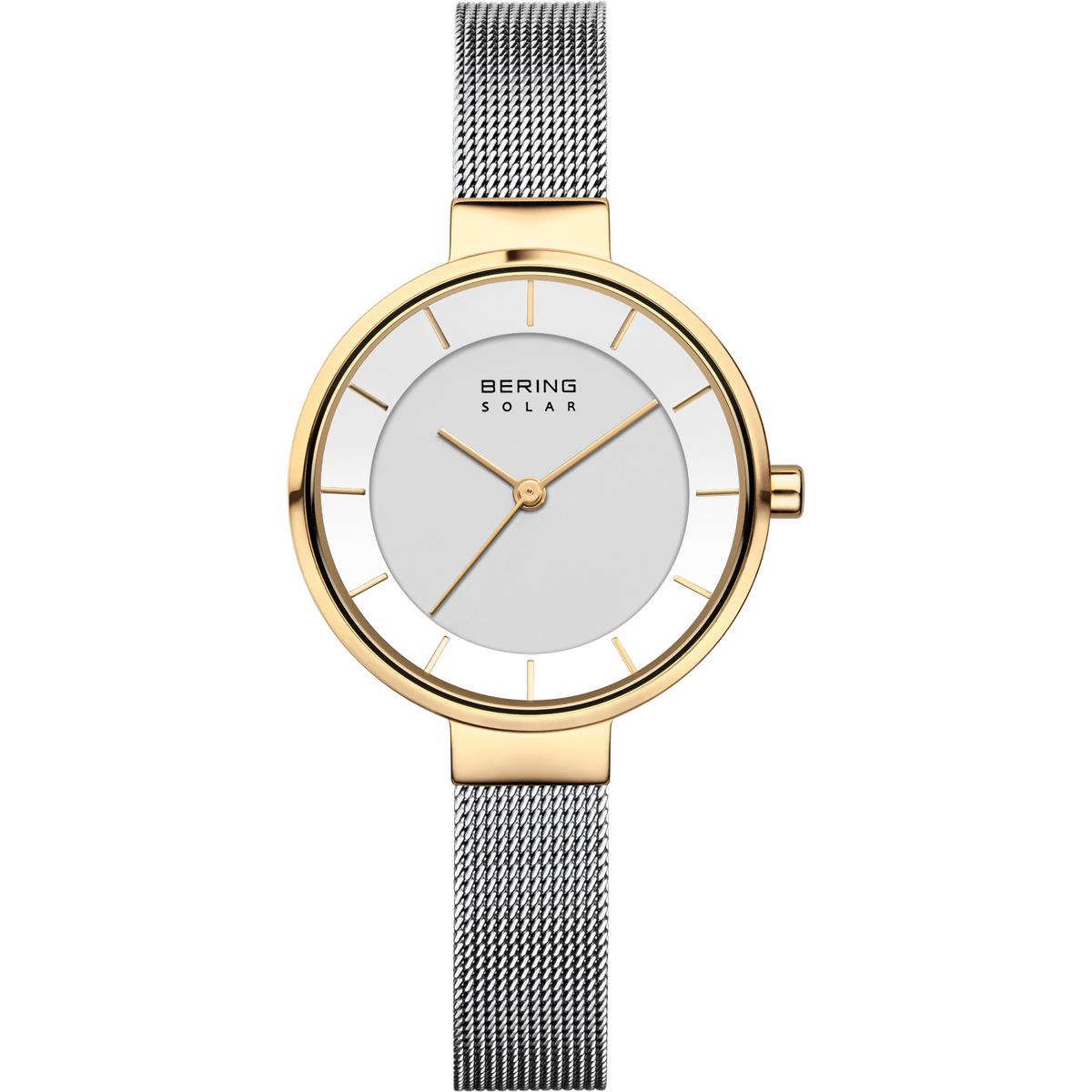 Round wristwatch with gold-tone case, white dial, and mesh band