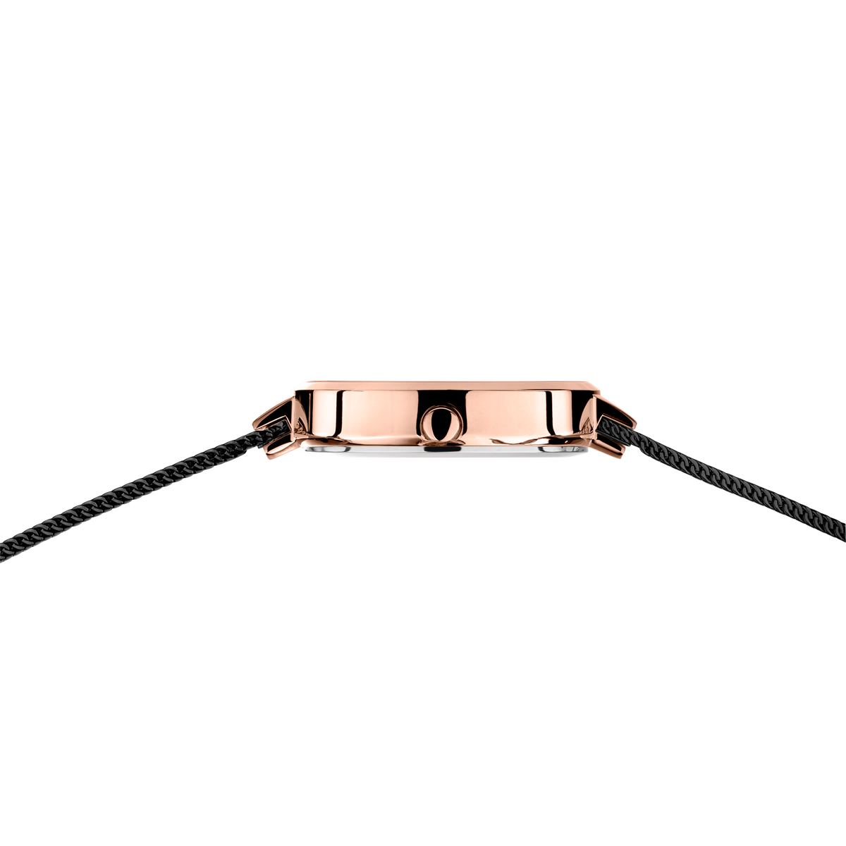 Cassa orologio rettangolare color oro rosa vista dall'alto, cinturino in cuoio nero su entrambi i lati