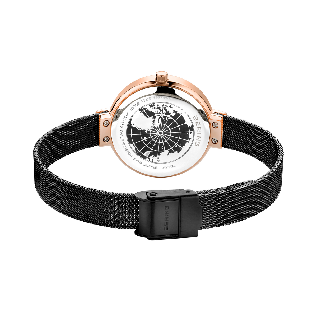 Orologio in oro rosa con quadrante a mappamondo e cinturino mesh nero