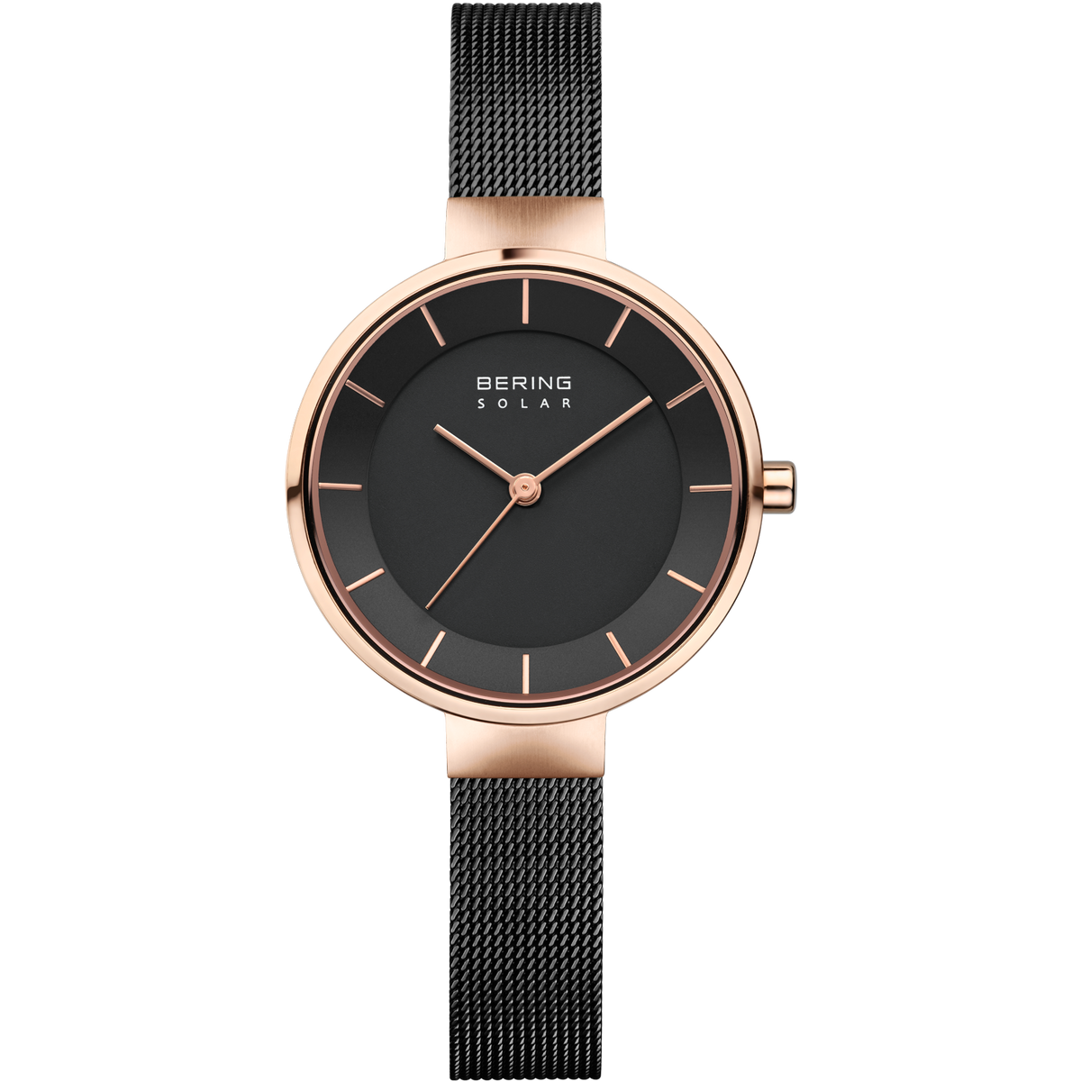Orologio BERING Solar con cassa in oro rosa, quadrante nero e cinturino mesh nero.