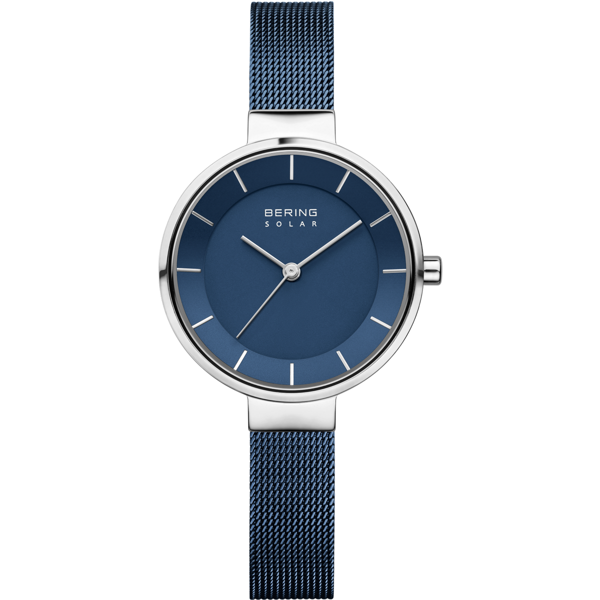 Orologio BERING con quadrante blu scuro, cassa argentata e cinturino mesh blu scuro.