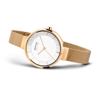 Gold-tone BERING wristwatch with white dial and mesh bracelet, shown from the side.